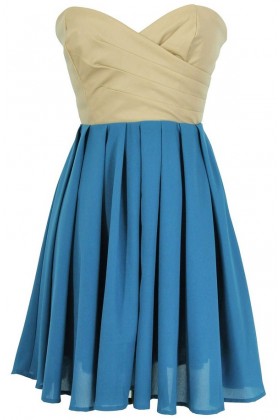 Leatherette and Chiffon Strapless Dress in Teal/Beige